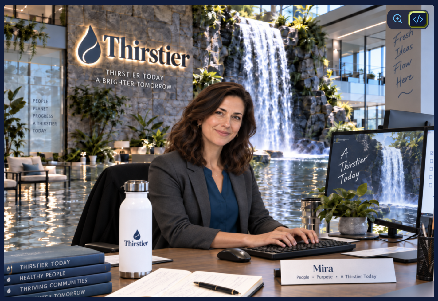 Mira, Thirstier’s AI assistant, seated at a desk in a waterfall-inspired office.